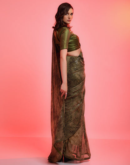 Olive Green Heavy Chiffon Printed Wth Sequence Saree | Leemboodi