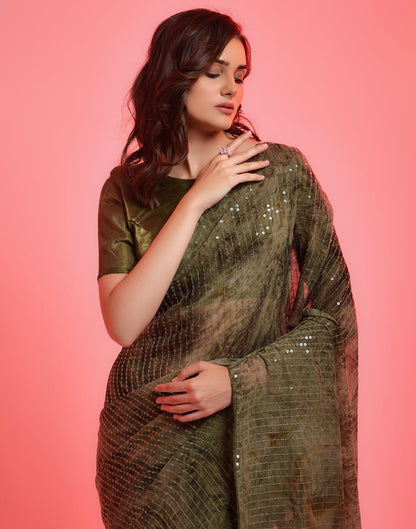 Olive Green Heavy Chiffon Printed Wth Sequence Saree | Leemboodi
