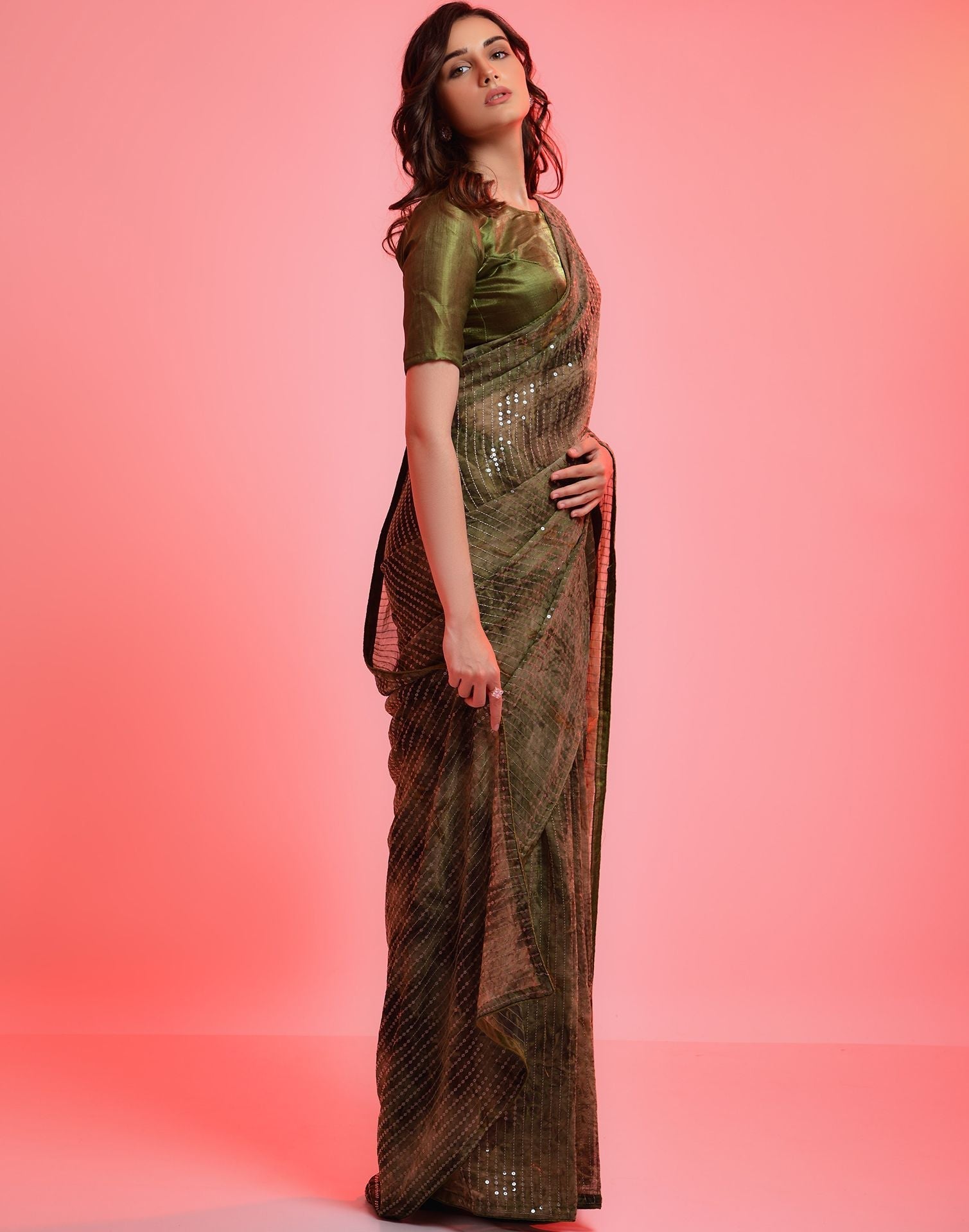 Olive Green Heavy Chiffon Printed Wth Sequence Saree | Leemboodi