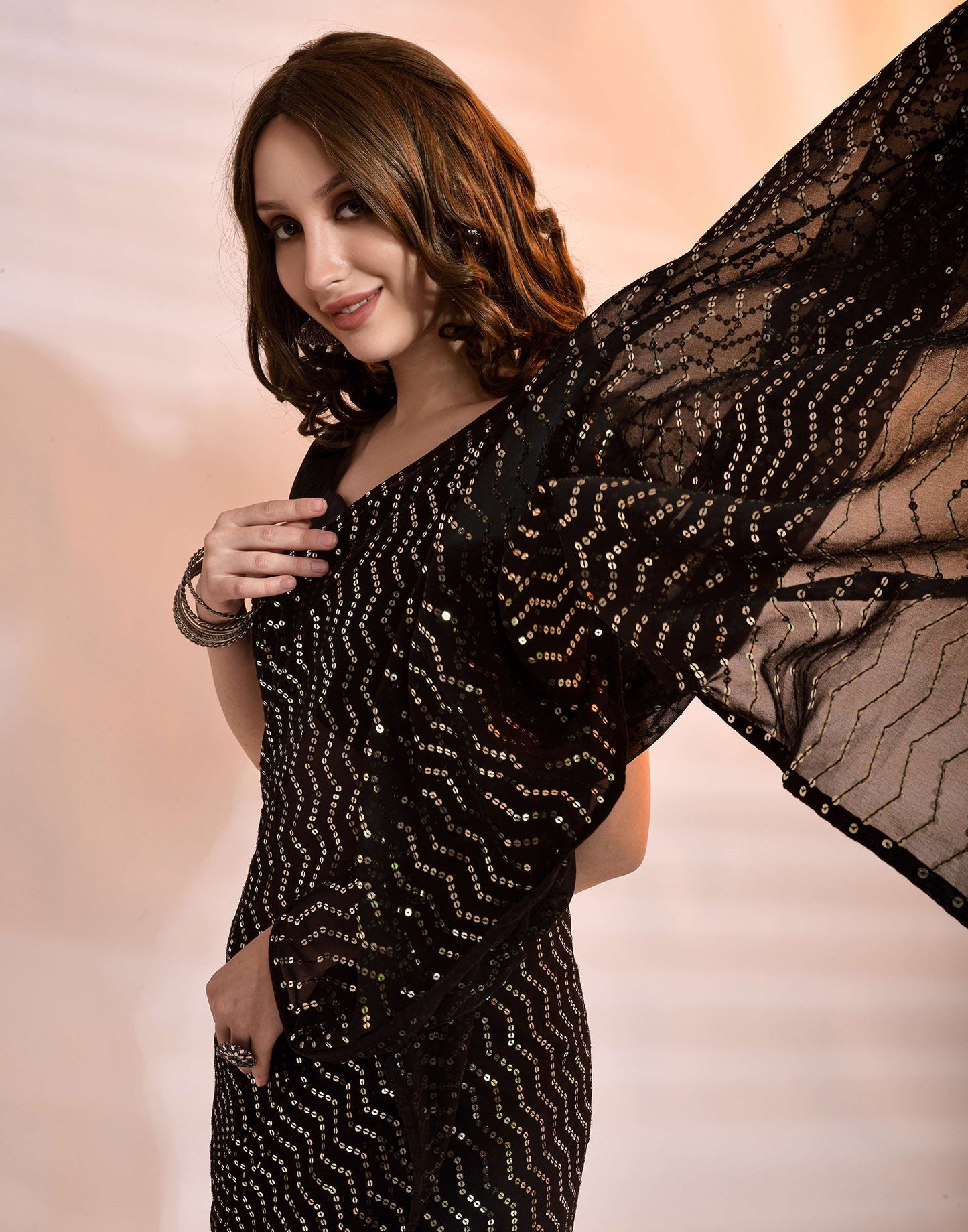 Black Soft Georgette Sequence Saree | Leemboodi