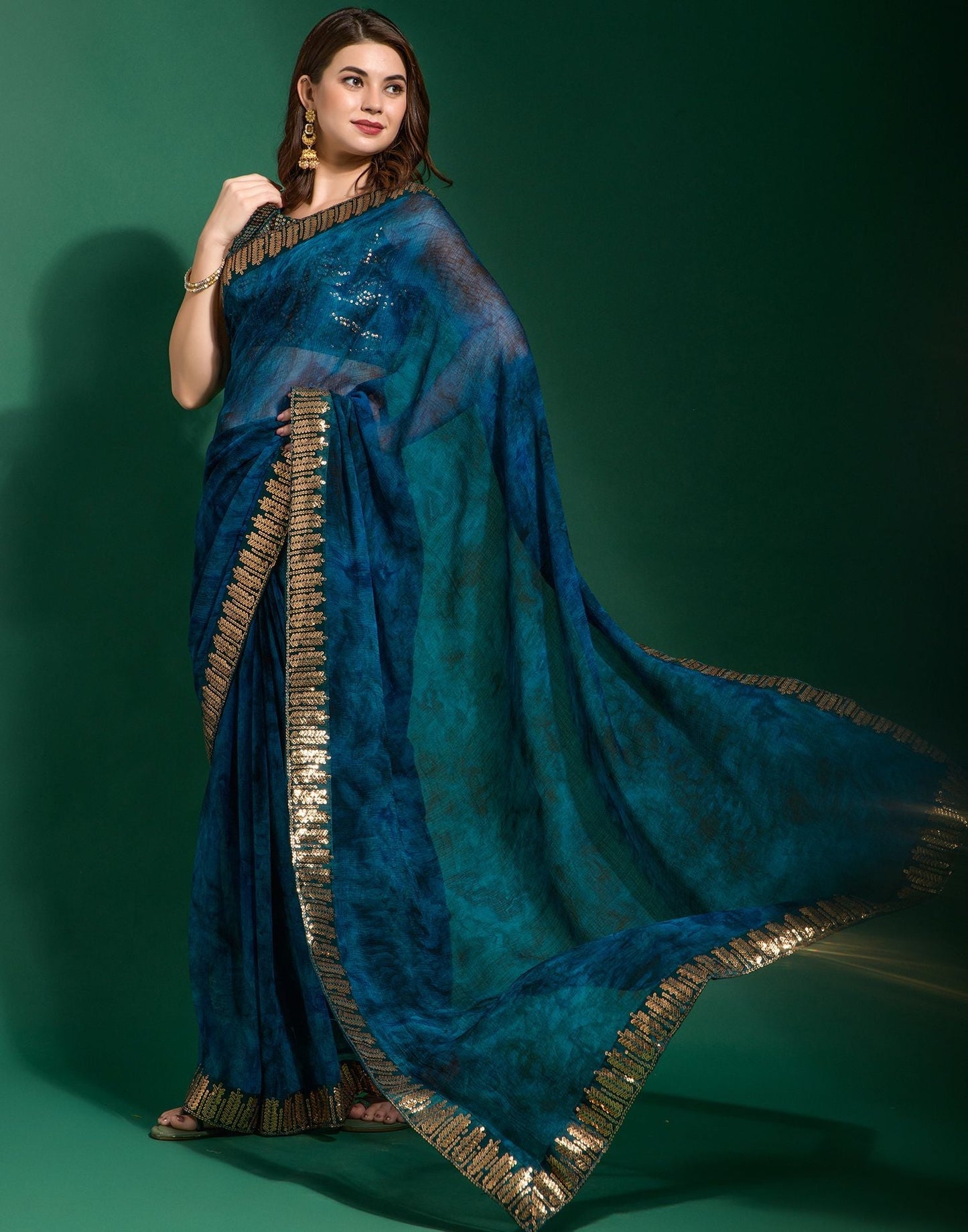 Dark Blue Chiffon Digital Printed Saree | Leemboodi