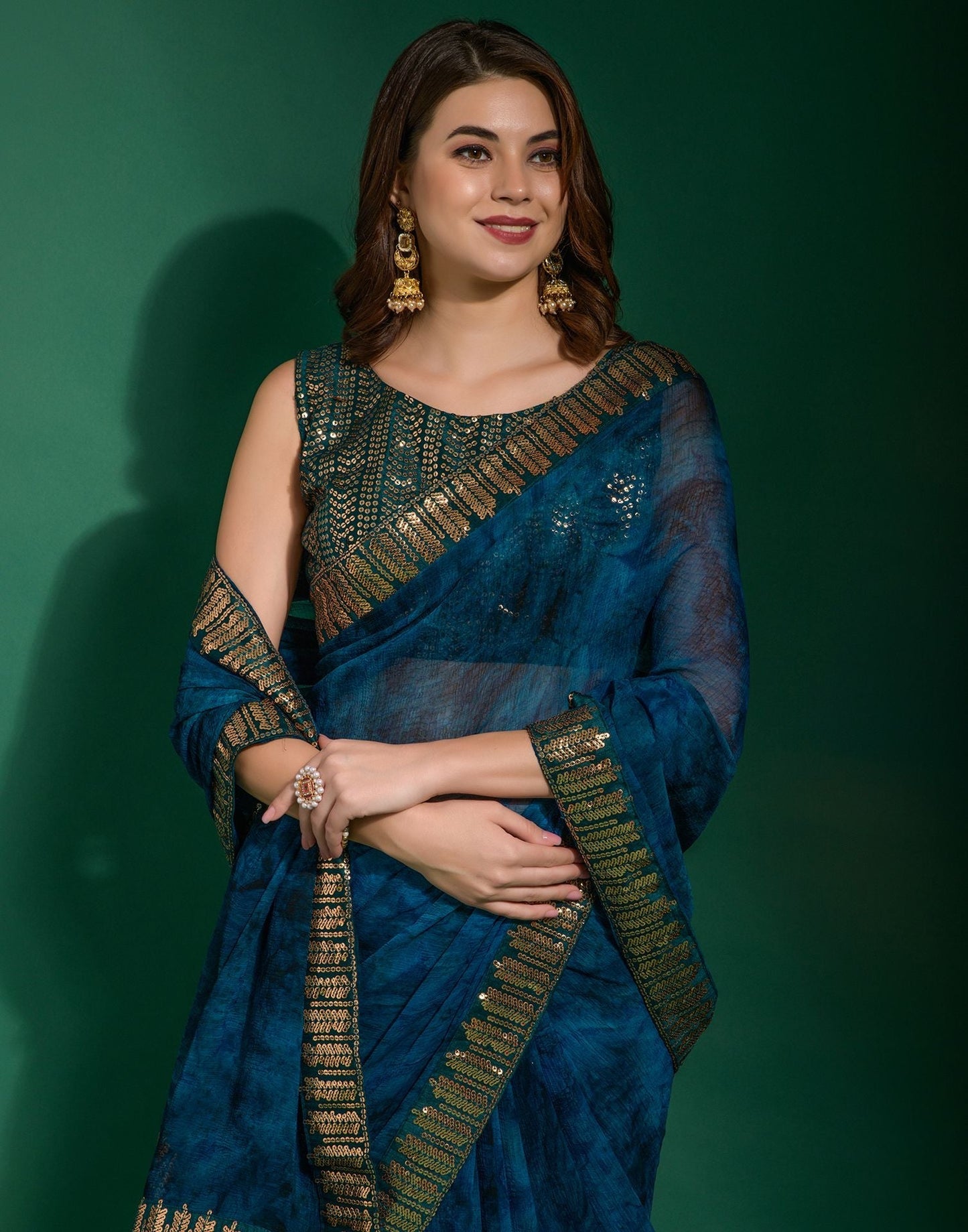 Dark Blue Chiffon Digital Printed Saree | Leemboodi