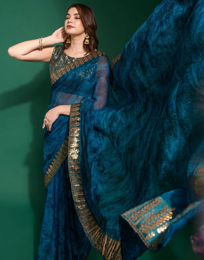 Dark Blue Chiffon Digital Printed Saree | Leemboodi