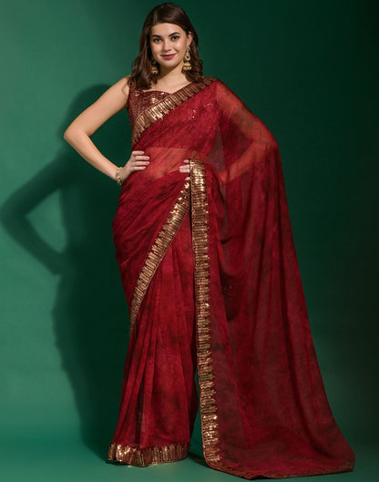 Red Chiffon Digital Printed Saree | Leemboodi