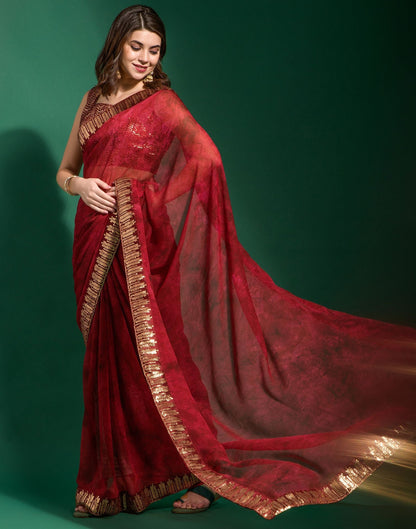 Red Chiffon Digital Printed Saree | Leemboodi