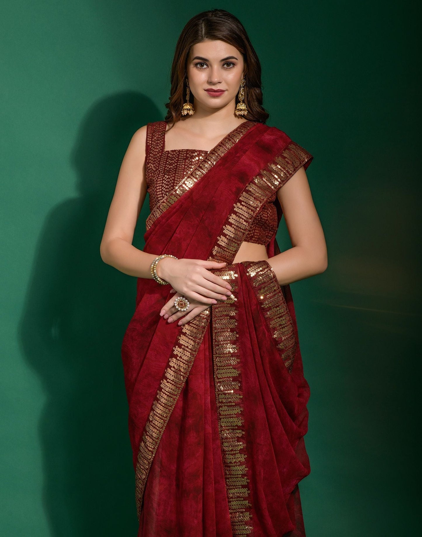 Red Chiffon Digital Printed Saree | Leemboodi