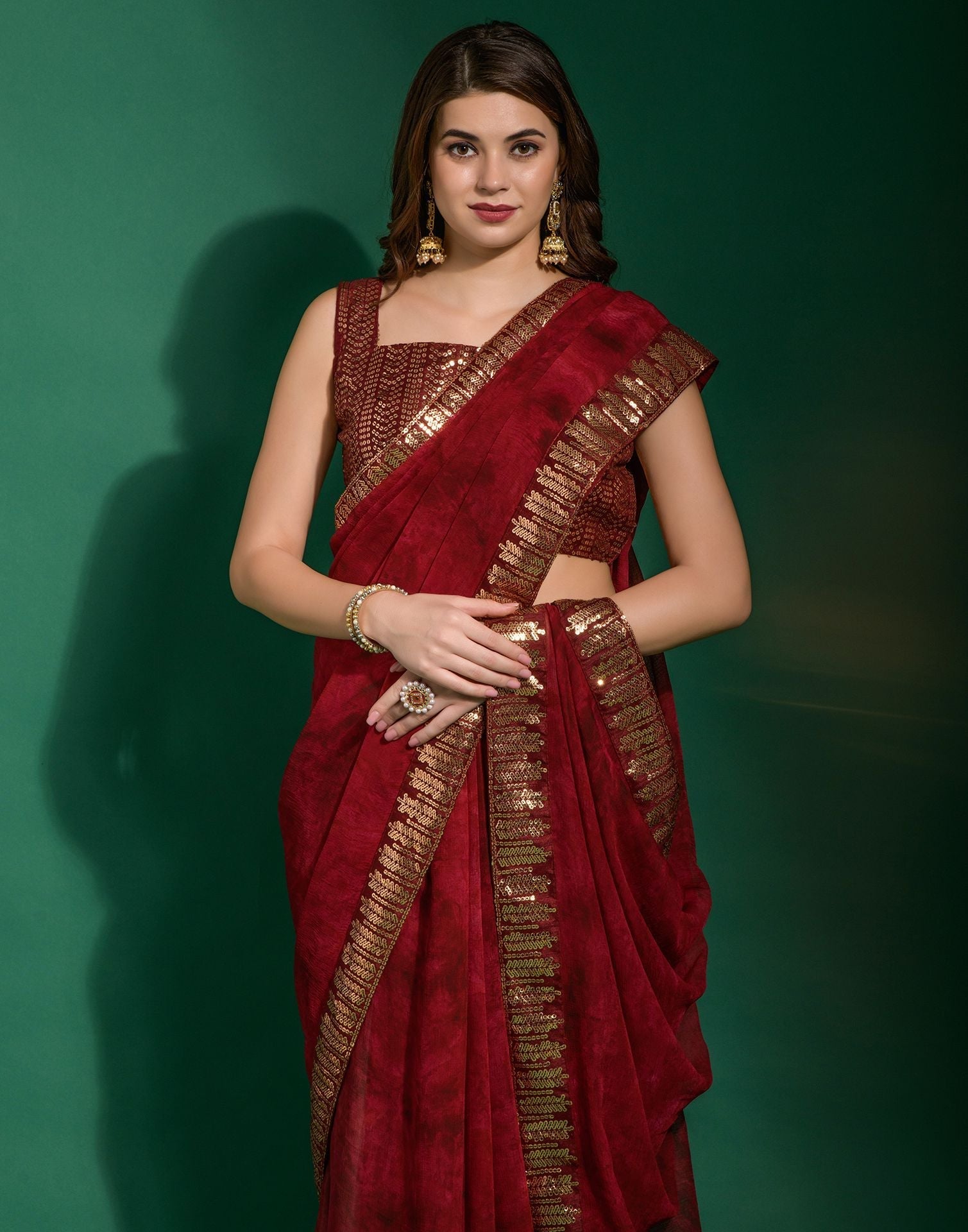 Red Chiffon Digital Printed Saree | Leemboodi