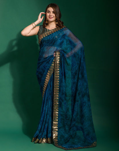 Dark Blue Chiffon Digital Printed Saree | Leemboodi