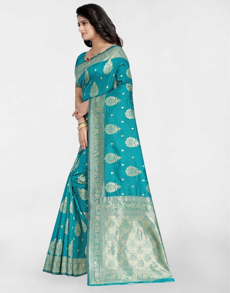 Turquoise Jacquard Banarasi Silk Saree