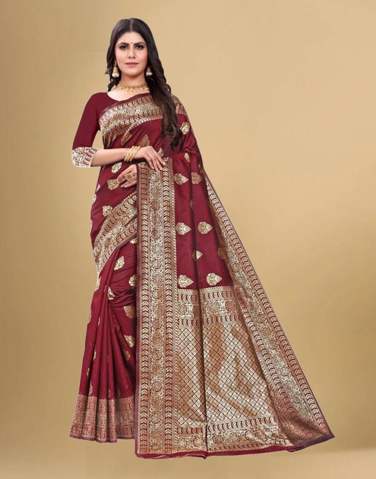 Maroon Jacquard Banarasi Silk Saree