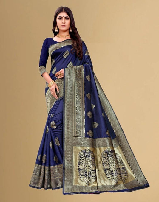 Navy Blue Jacquard Banarasi Silk Saree