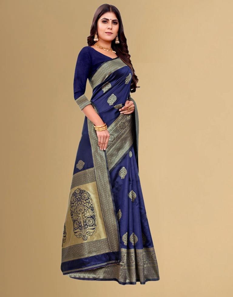 Navy Blue Jacquard Banarasi Silk Saree