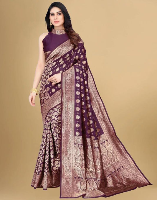 Wine & Golden Banarasi Silk Saree