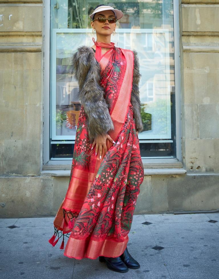 Pink Printed Organza Saree