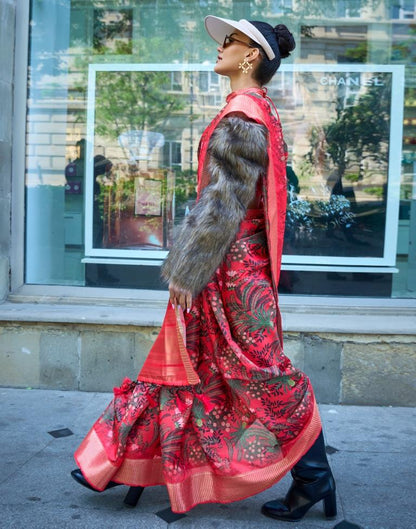 Pink Printed Organza Saree