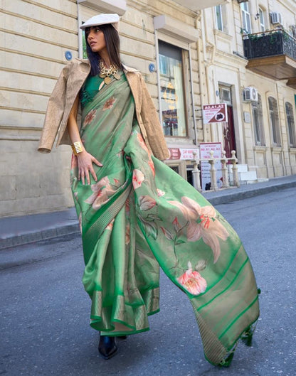 Green Printed Organza Saree