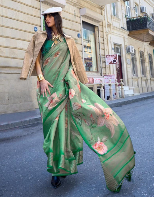 Green Printed Organza Saree