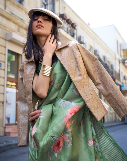 Green Printed Organza Saree