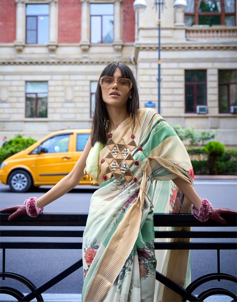 Cream Printed Organza Saree