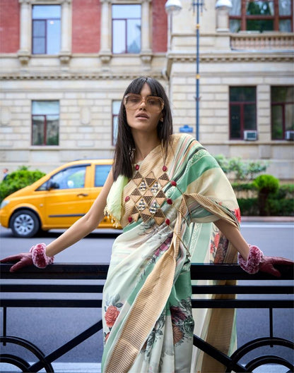 Cream Printed Organza Saree