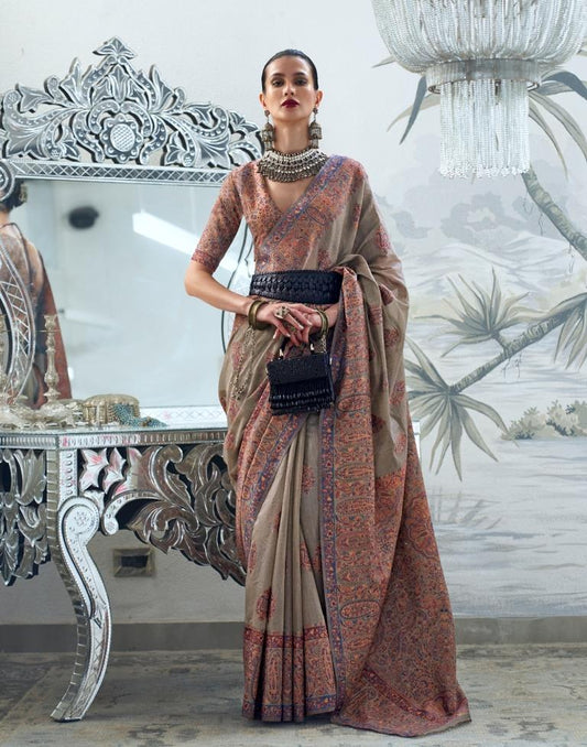 Beige Jacquard Silk Saree