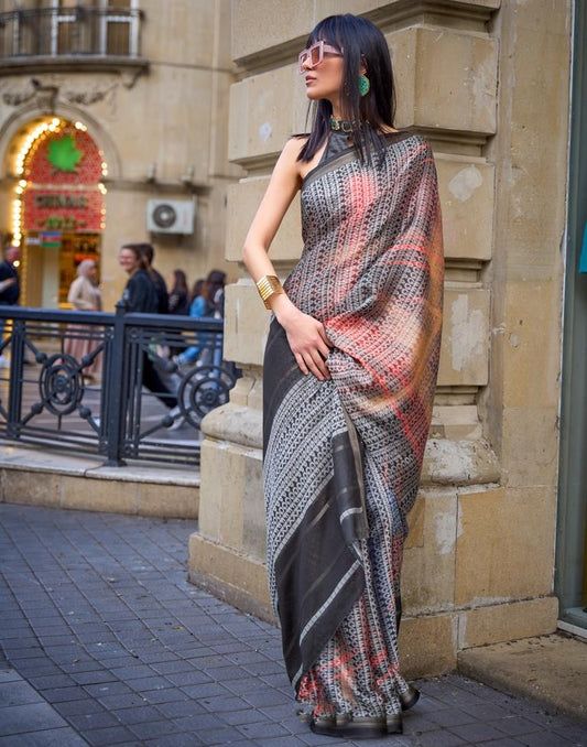 Dark Grey Self Woven Silk Saree