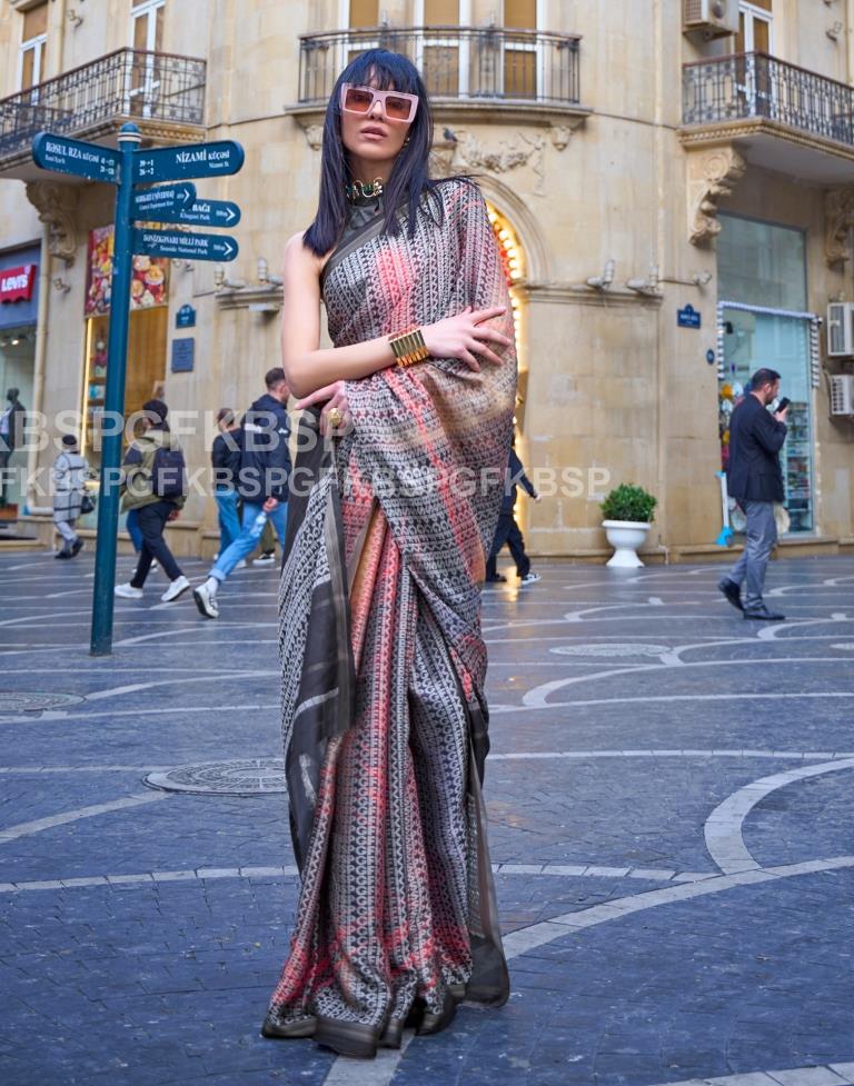 Dark Grey Self Woven Silk Saree
