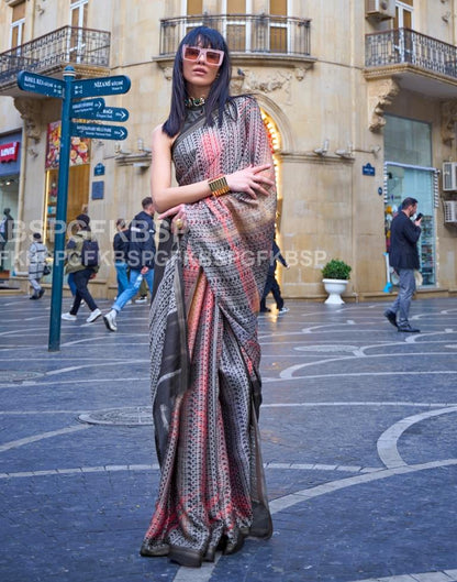 Dark Grey Self Woven Silk Saree