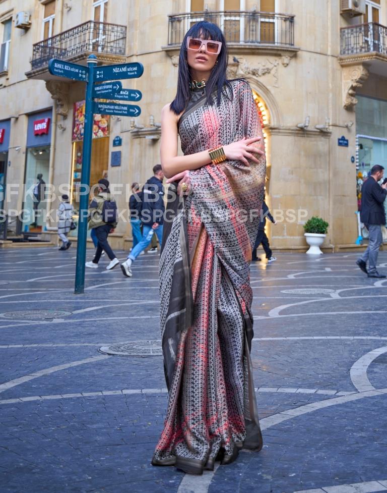 Dark Grey Self Woven Silk Saree