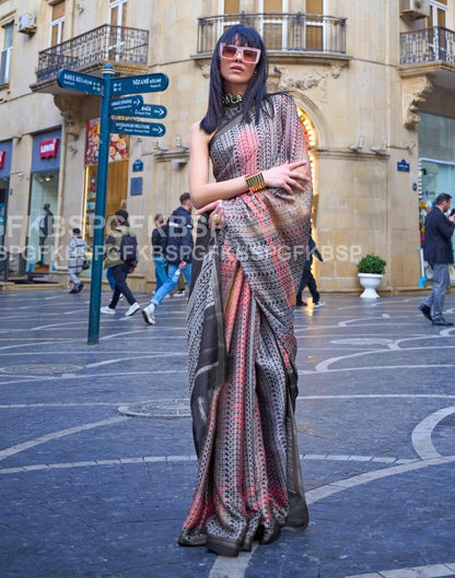 Dark Grey Self Woven Silk Saree