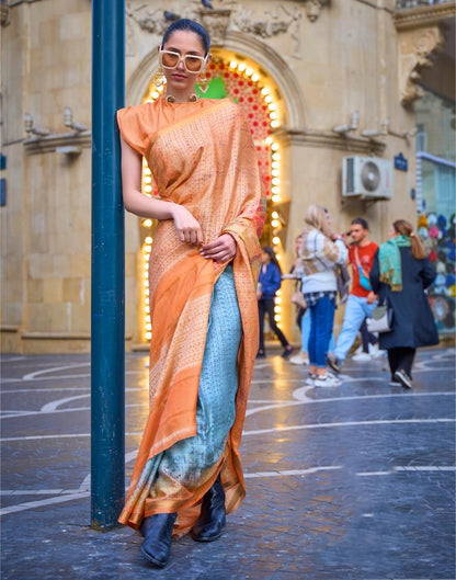Orange Self Woven Silk Saree