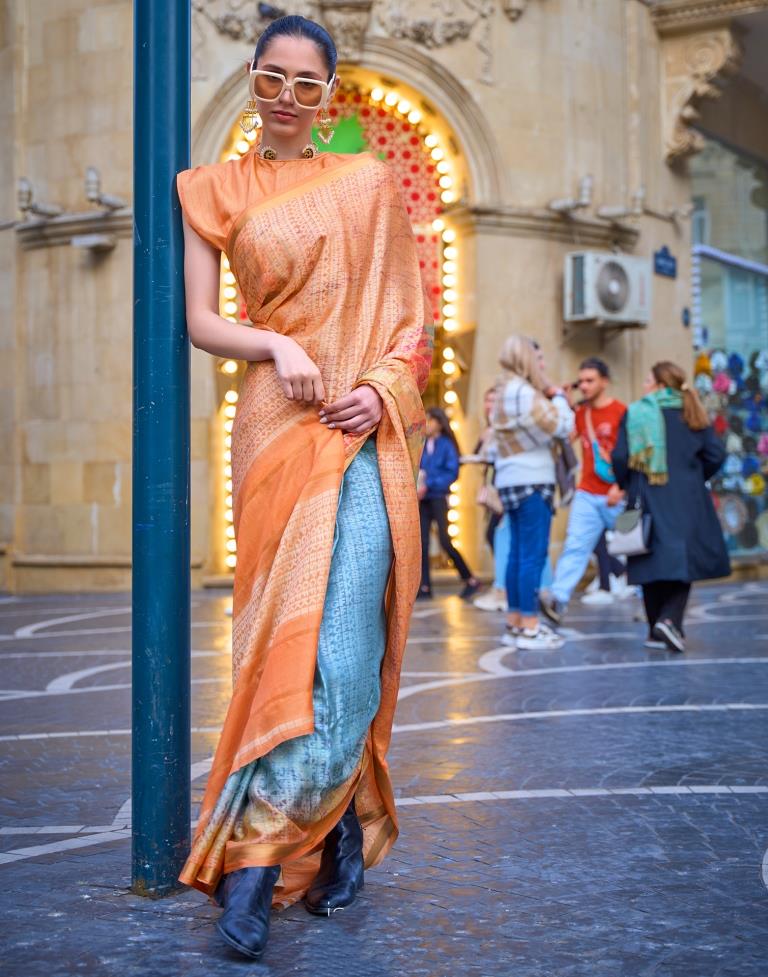 Orange Self Woven Silk Saree