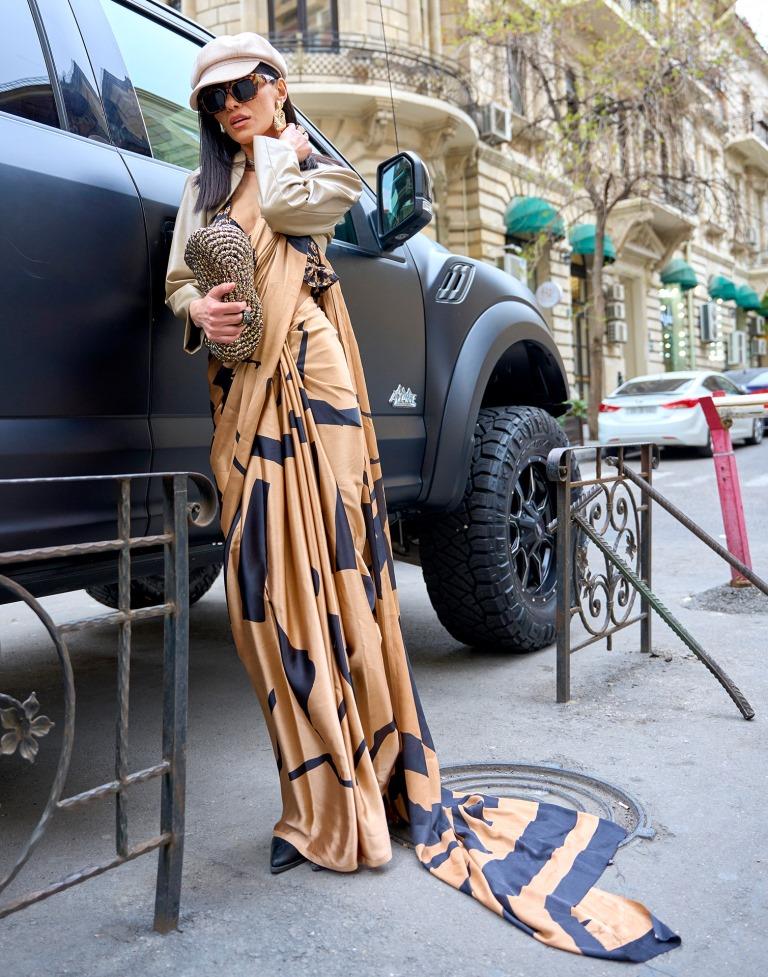 Light Brown Printed Silk Saree