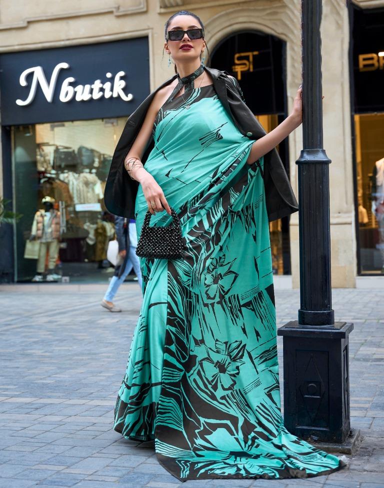 Turquoise Printed Silk Saree