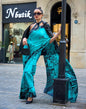 Turquoise Printed Silk Saree