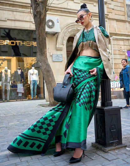 Green Printed Silk Saree