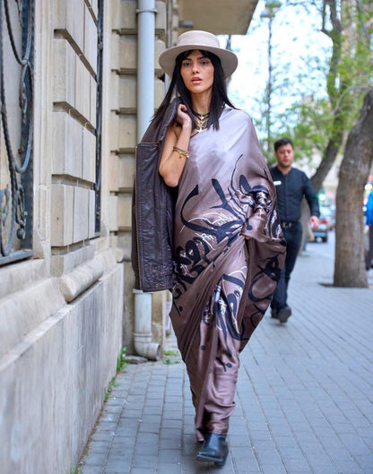 Stone Grey Printed Silk Saree