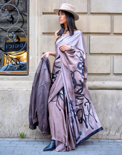 Stone Grey Printed Silk Saree