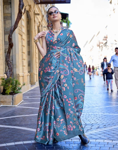 Teal Blue Printed Silk Saree