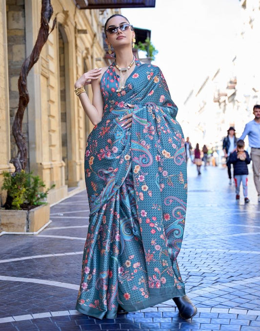 Teal Blue Printed Silk Saree