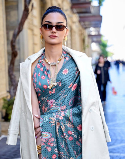 Teal Blue Printed Silk Saree