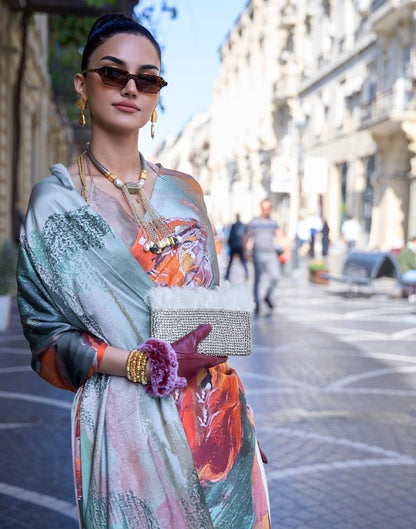 Light Blue Printed Silk Saree