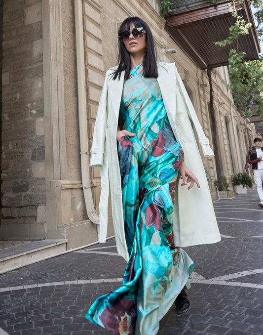 Turquoise Printed Silk Saree