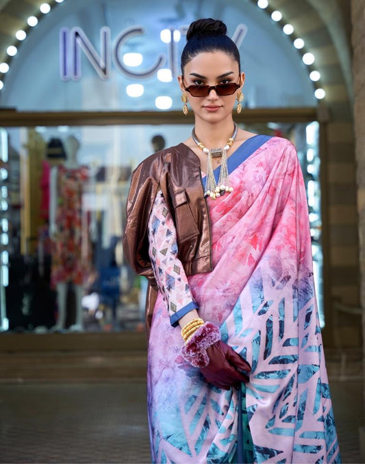 Light Pink Printed Silk Saree