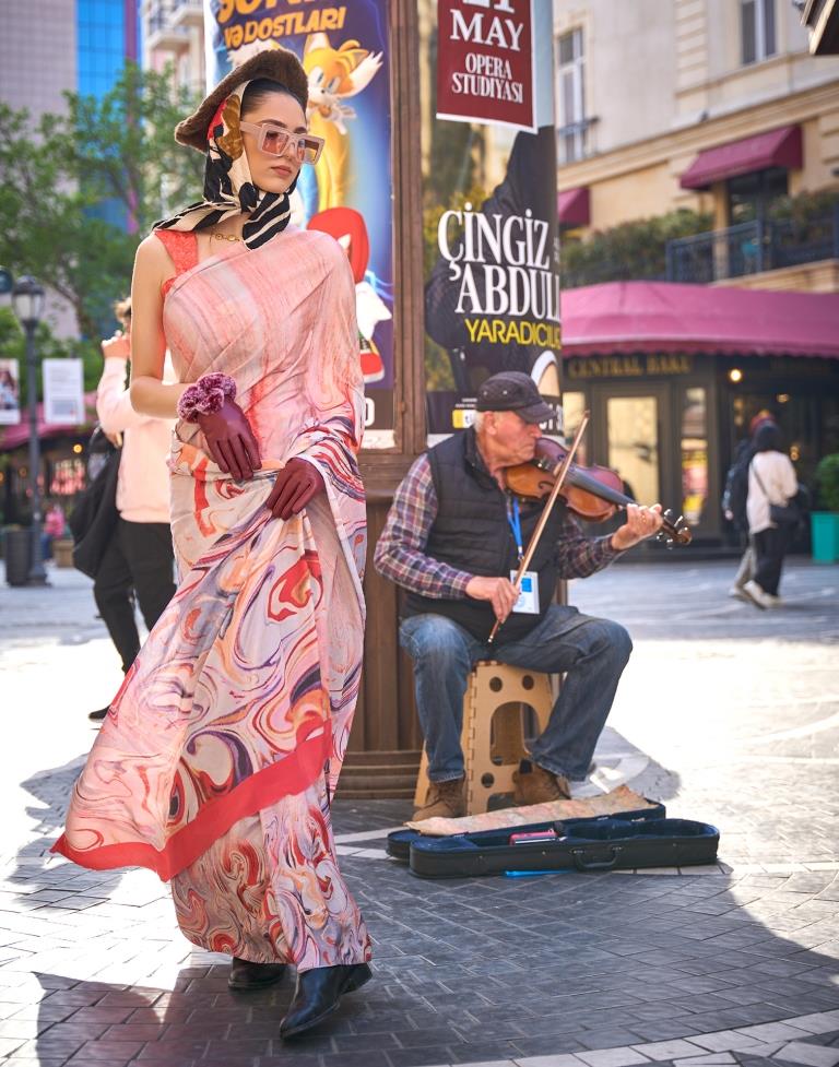 Peach Printed Silk Saree