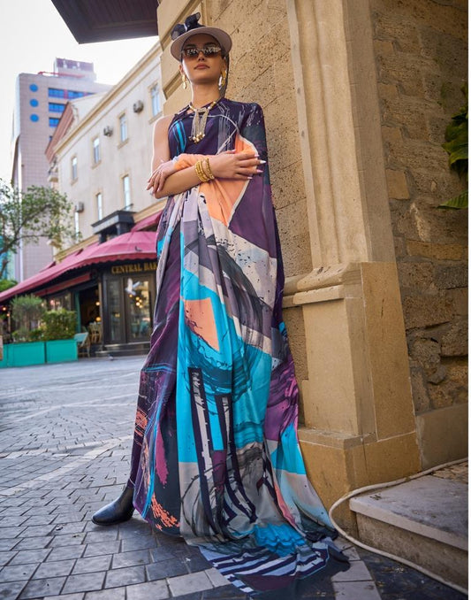 Multicoloured Printed Silk Saree