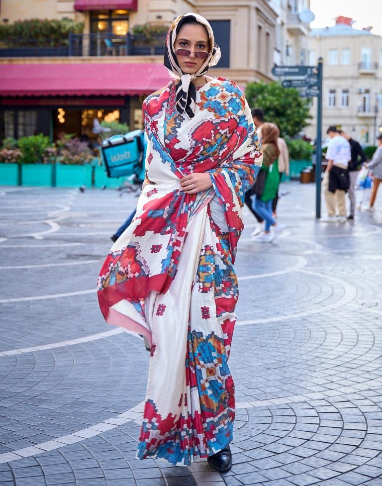 Off White Printed Silk Saree