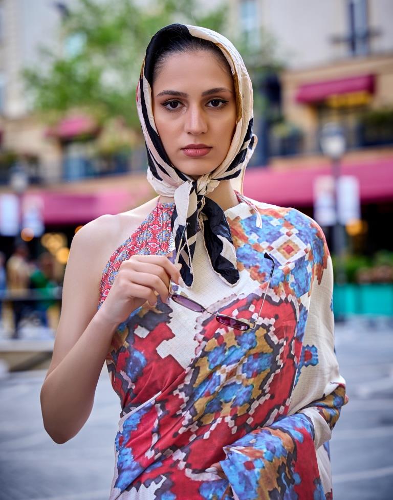 Off White Printed Silk Saree