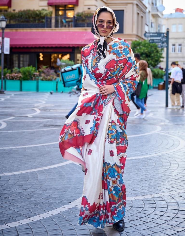 Off White Printed Silk Saree