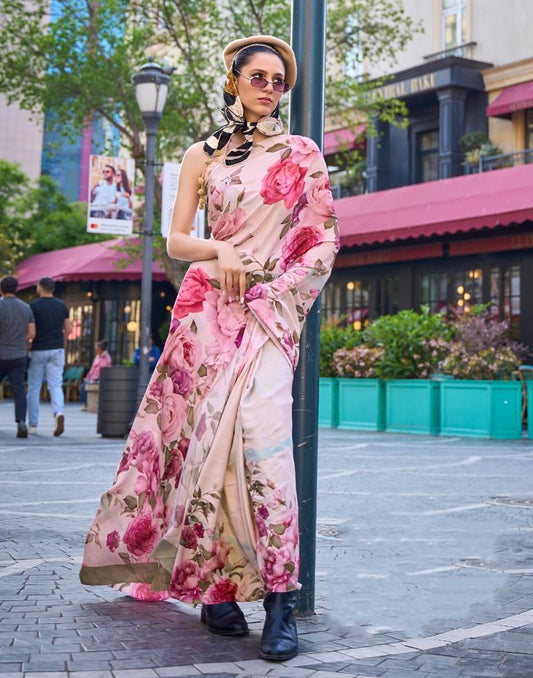 Light Cream Printed Silk Saree